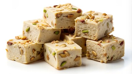 Crumbly textured halva confectionery made with roasted nuts arranged artfully on a plain white background