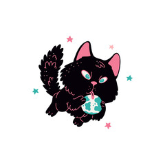 Cute black cat astronaut licks a ball of earth, vector kitten cosmonaut flying in space with stars, fantasy funny pet