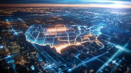 A holographic map of the United States displaying real-time election results