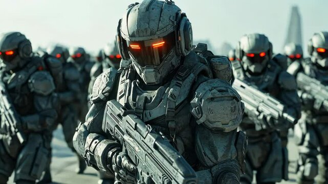 Futuristic army of robots marching through a deserted cityscape