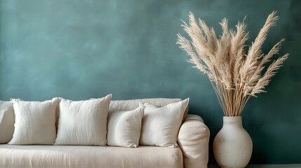 A minimalist interior showcases ceramic vases with dried pampas grass beside a beige sofa against a dark green wall, illuminated by soft natural light for a calm atmosphere.