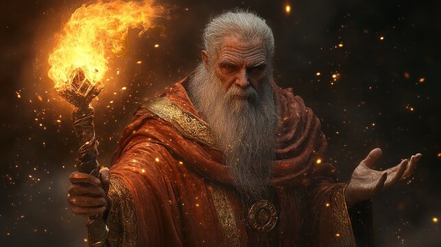 A radiant and wise enchanter stands tall, drenched in a halo of golden light, radiating tranquility and ancient knowledge.