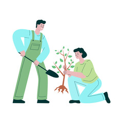 Girl and boy planting tree illustration