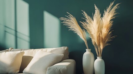 A minimalist interior showcases ceramic vases with dried pampas grass beside a beige sofa against a dark green wall, illuminated by soft natural light for a calm atmosphere.