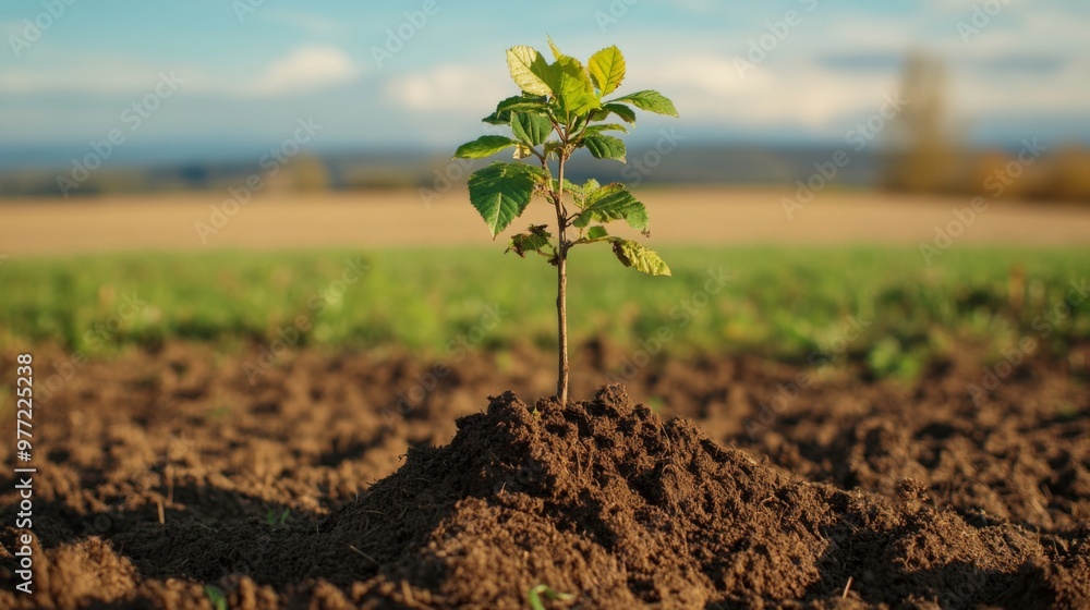 Poster A close-up of a small tree being planted in a rural field, with the roots being covered with soil, emphasizing environmental conservation and reforestation efforts.