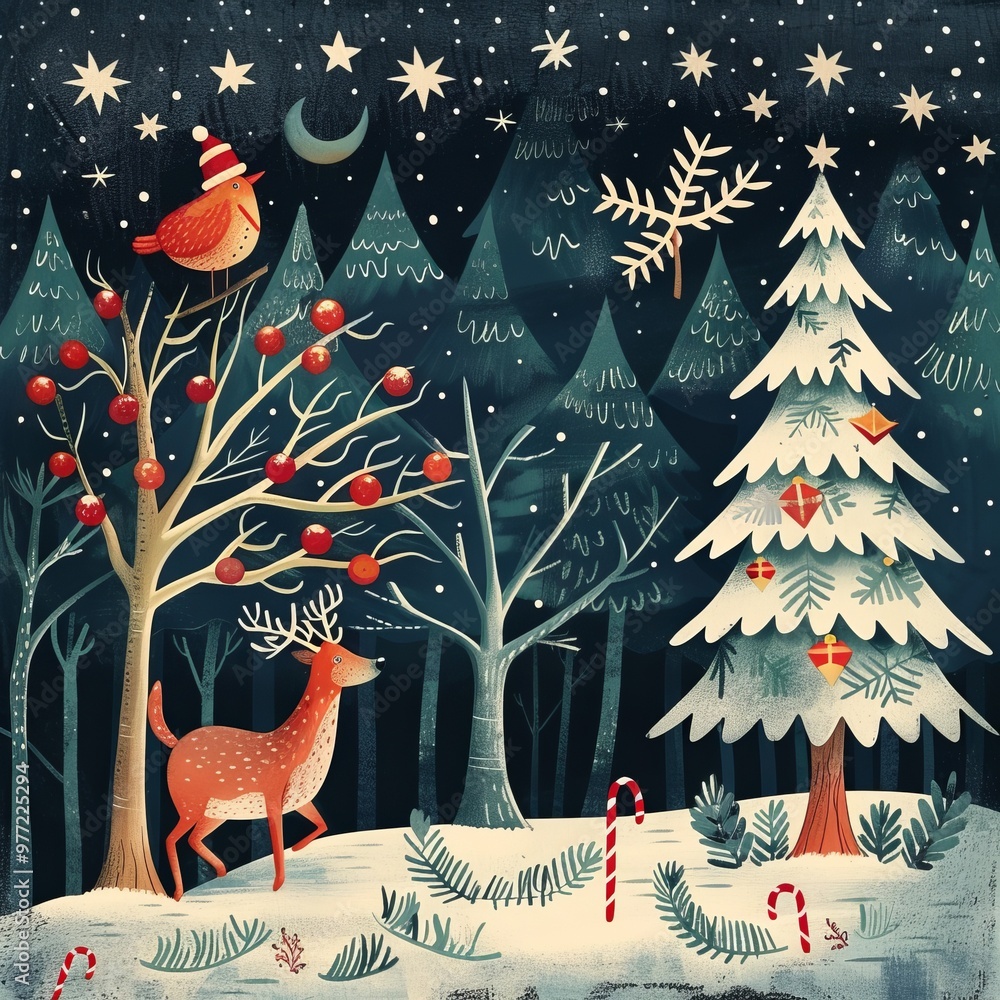Poster a deer is standing in front of a christmas tree. the tree is surrounded by other trees and there are