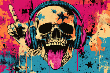 Vector illustration of rock music elements, including a skull with headphones and a hand raised in the air, lips, and a star on a grunge background, in the style of pop art.