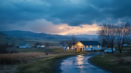 A peaceful evening scene of a rural polling station with warm lights glowing from inside