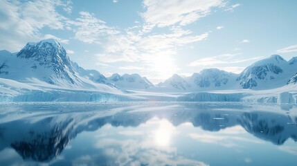 A serene winter landscape featuring snow-capped mountains and a reflective icy lake under a bright sky.
