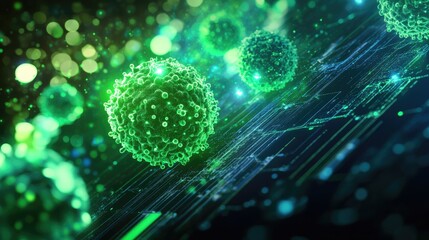 Fototapeta premium A close-up of a glowing green cell on a digital screen, symbolizing medical research, technology, and scientific discovery.
