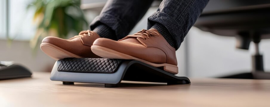 A close-up of feet on a footrest in an office setting, emphasizing comfort and ergonomics while working at a desk.
