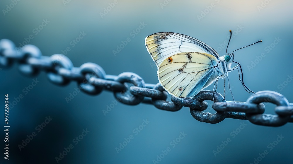 Poster a delicate butterfly perched on a metal chain symbolizing the fragile yet resilient struggle for fre