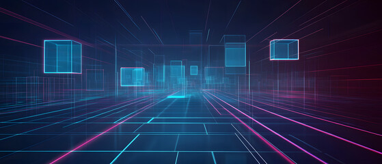 Futuristic digital landscape with floating geometric shapes and neon grid lines extending into the horizon, featuring glowing elements and a deep blue background. 