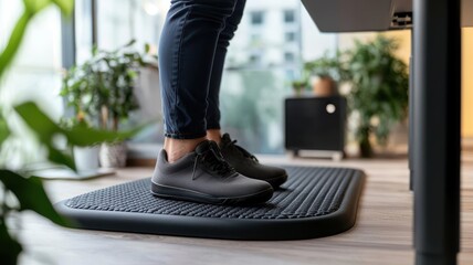 Person standing on an anti-fatigue mat while working at a standing desk, promoting comfort and productivity in the workspace.