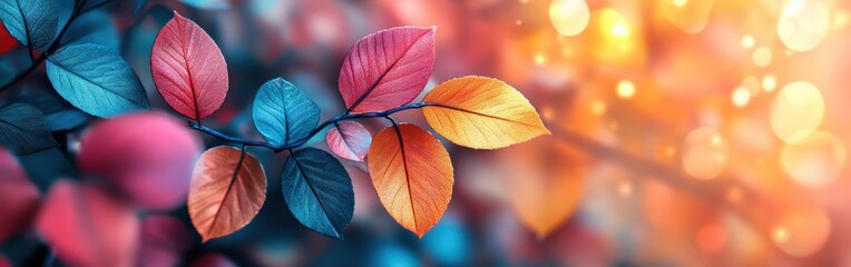 Fototapeta premium Vibrant Autumn Leaves in Orange and Blue Tones Watercolor Background
