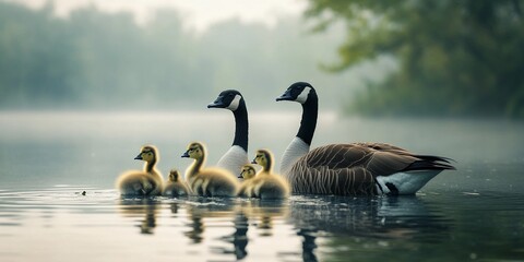 A photograph of two Canadian geese with their goslings swimming on calm water, symbolizing family, nature, and wildlife in a serene setting.
