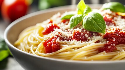A close-up of a steaming bowl of spaghetti with marinara sauce and grated Parmesan cheese, garnished with fresh basil leaves, set against a simple, clean background