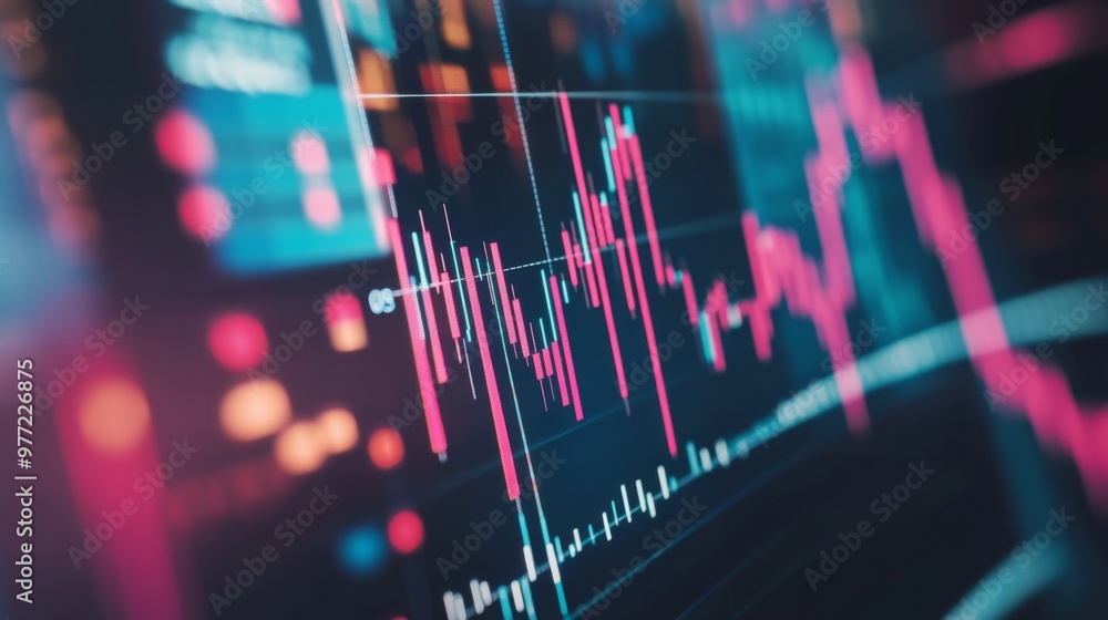 Poster a close-up of a stock market chart with fluctuating lines and candlestick patterns on a computer scr
