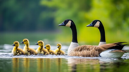 Obraz premium A photograph of two Canadian geese with their goslings swimming on calm water, symbolizing family, nature, and wildlife in a serene setting. 