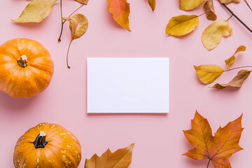 
Photo of a blank white card mockup on a pastel pink background with golden leaves and pumpkin decoration, in a flat lay. Top view