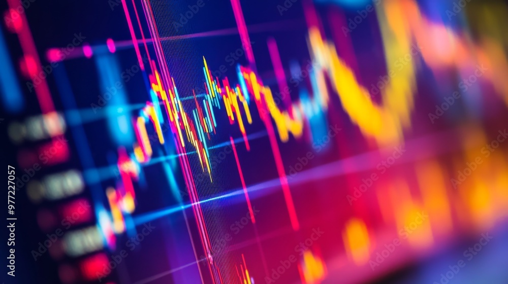 Poster A close-up of a stock market chart with fluctuating lines and candlestick patterns on a computer screen, highlighting recent changes in stock prices
