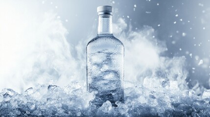 A frosty vodka bottle surrounded by crushed ice, with cold mist rising around it, isolated on white.
