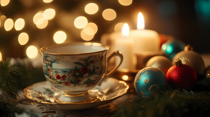 Fototapeta premium A beautifully decorated Christmas table with decorations, candles, and a vintage ceramic cup in the corner of the photo. In front, there is an ornamental Christmas ball with a holly leaf pattern.