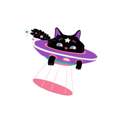 Cute black cat astronaut flies on UFO spaceship in space, vector cartoon fantasy kitten with stars cosmonaut in shuttle