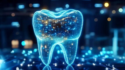 Glowing digital rendering of a tooth composed of light particles and  illuminated nodes on a networked background with blue bokeh lights. Concept of dental technology and innovation - Powered by Adobe