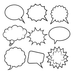 Comic Book Speech Bubbles: A collection of 9 distinct speech bubbles in a classic comic book style, perfect for adding a touch of fun and dynamism to your creative projects.  