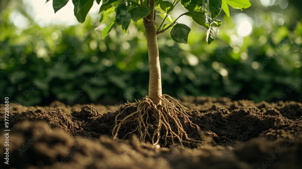 Aufkleber a close-up of a young tree being planted in a garden with a focus on the root system and soil prepar