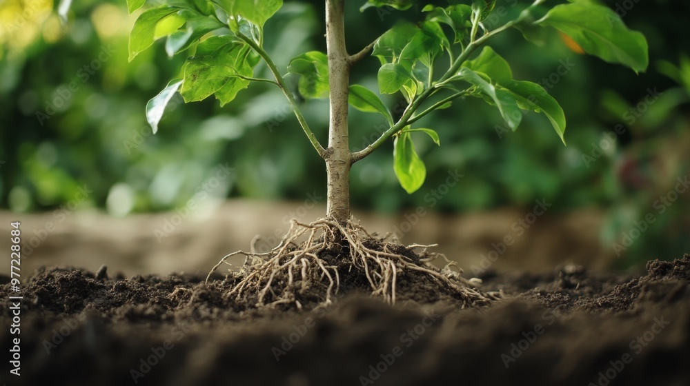 Poster A close-up of a young tree being planted in a garden with a focus on the root system and soil preparation, set against a clean, natural backdrop.