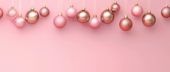 Photo of pink and gold hanging Christmas ornaments on a pink background, with a banner that has a copy space area for text or design.
