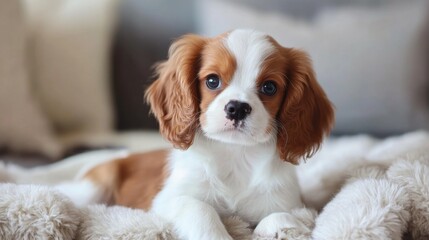 A close-up of an adorable puppy with big, expressive eyes and a playful expression, sitting on a fluffy blanket in a cozy living room setting.