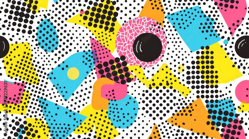 Poster vibrant multicolored geometric pattern with dots and shapes for modern designs, adding a playful and