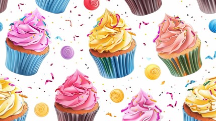 Colorful cupcakes with frosting and sprinkles create a festive and whimsical pattern for joyful celebrations and delicious treats.