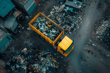 Aerial view of garbage truck collecting waste in landfill pollution environment management urban cleanup operation recycling debris disposal sanitation city maintenance trash remova
