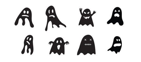 Silhouettes of Scary and Funny Ghosts Set. Halloween imaginary creatures vector art