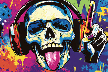 Vector illustration of rock music elements, including a skull with headphones and a hand raised in the air, lips, and a star on a grunge background, in the style of pop art. 