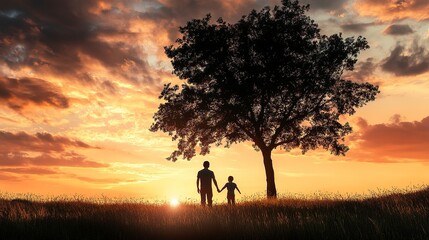 Silhouette of a man and child holding hands under a tree at sunset, creating a warm and nostalgic atmosphere. 