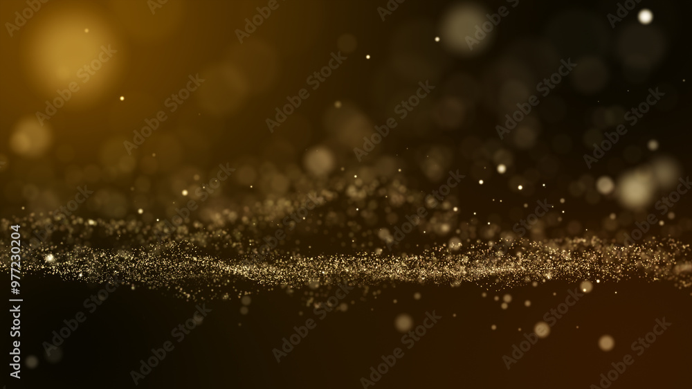 Poster glitter light gold particles abstract background flickering particles with bokeh effect. render in a