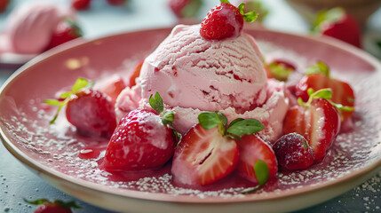 Close-Up of Strawberry Ice Cream Dessert. Generative AI