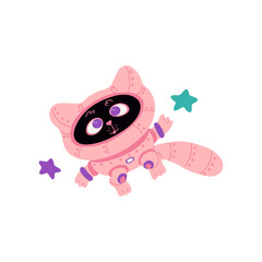Cute black cat astronaut in pink spacesuit in space, vector cartoon kitten cosmonaut flying with stars fantasy funny pet