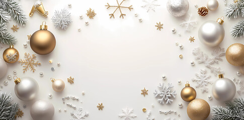 Fototapeta premium A festive Christmas card design with golden and silver ornaments, including snowflakes, pearls, and beads