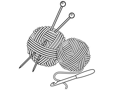 Clews, knitting needles and a crochet hook - vector linear illustration for coloring. Outline. Yarn for knitting, coiled into balls, crochet hook and knitting needles. Knitting and handmade	