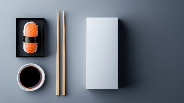 Salmon Sushi with Soy Sauce  Chopsticks and Mockup Box on Grey Background