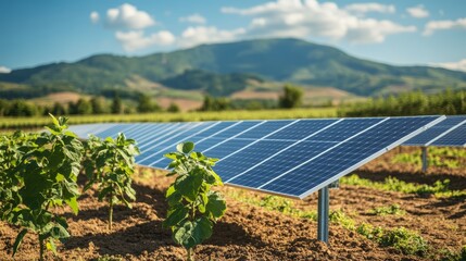 Vibrant solar panels in a lush agricultural landscape showcase sustainable energy production amidst scenic mountains.