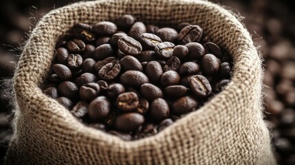 A close-up of freshly roasted coffee beans in a burlap sack, with warm natural lighting highlighting the rich textures and deep brown tones of the beans.