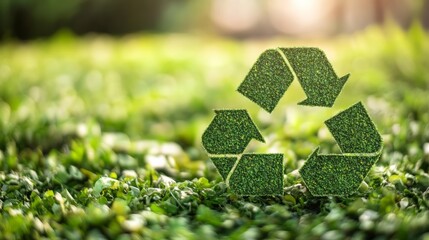 A green recycling symbol stands on a lush grass field, symbolizing sustainability and environmental awareness.