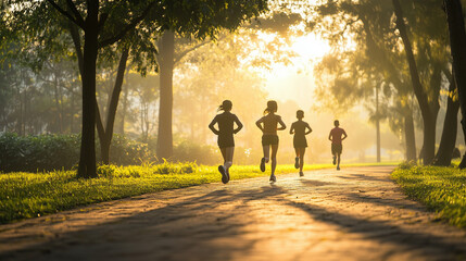Fototapeta premium Joyful family running together in a park bathed in morning sunlight. 